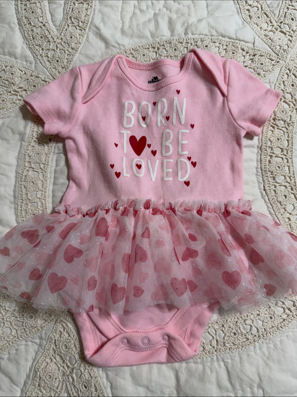 Pink 'Born To Be Loved' Heart Tulle Tutu Baby One-Piece Bodysuit